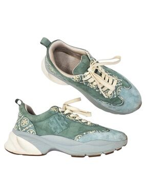 Tory Burch T Monogram Good Luck Trainer Suede Sneakers Blue Celadon Size US 9
